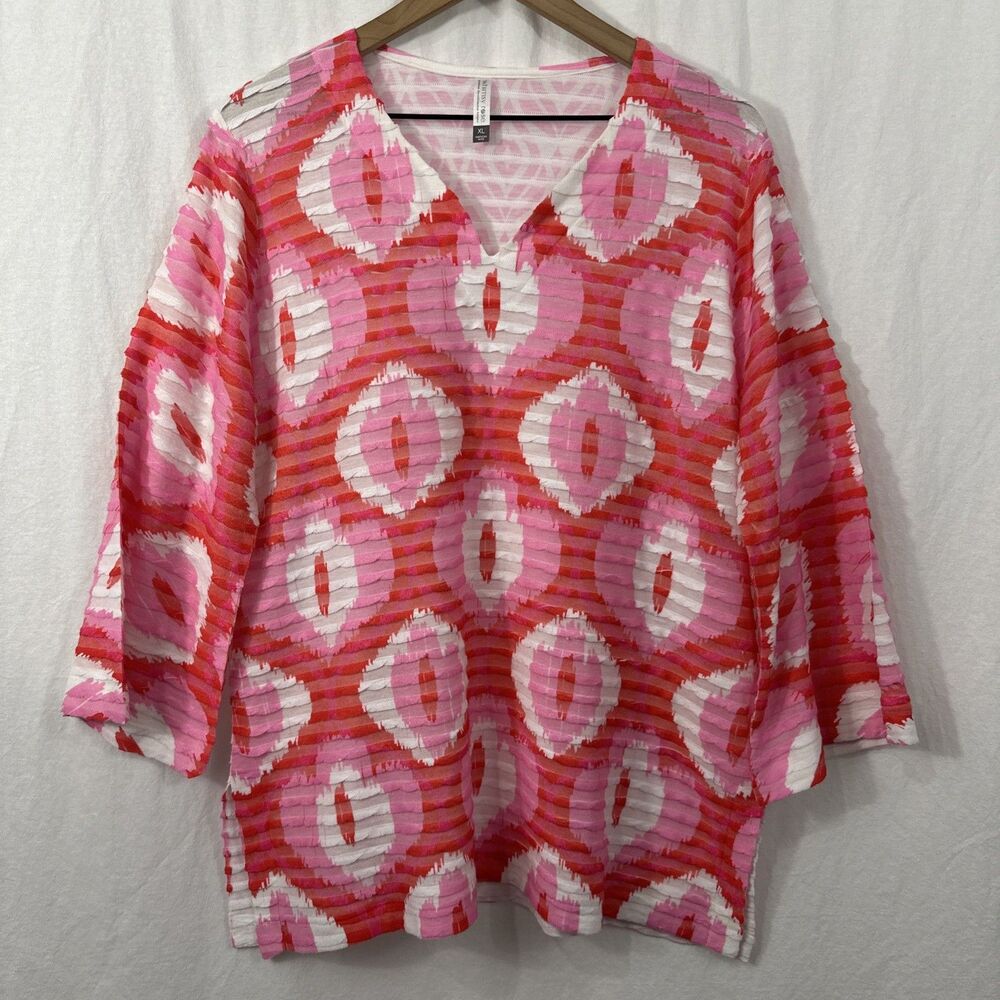 Whimsy Rose Banda Textured Ikat Geo Print Pink 3/4 Sleeve Top Womens Sz XL Artsy